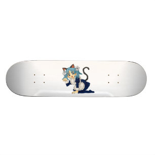 Anime-Schulmädchen-Katze auf ihren Knien im Skateboard