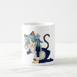 Anime-Schulmädchen-Katze auf ihren Knien im Tasse