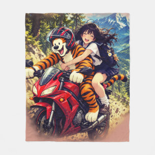 Anime-Schulmädchen und Tiger-Motorradfahrt – Fleecedecke