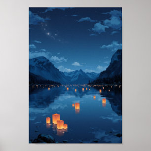 Anime-Schwimmende-Laternen-See-Wandkunst Poster