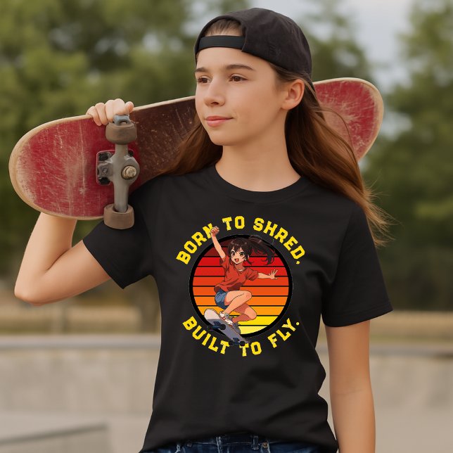 Anime Skateboarder Girl On Retro Sunset Template T-Shirt (Von Creator hochgeladen)