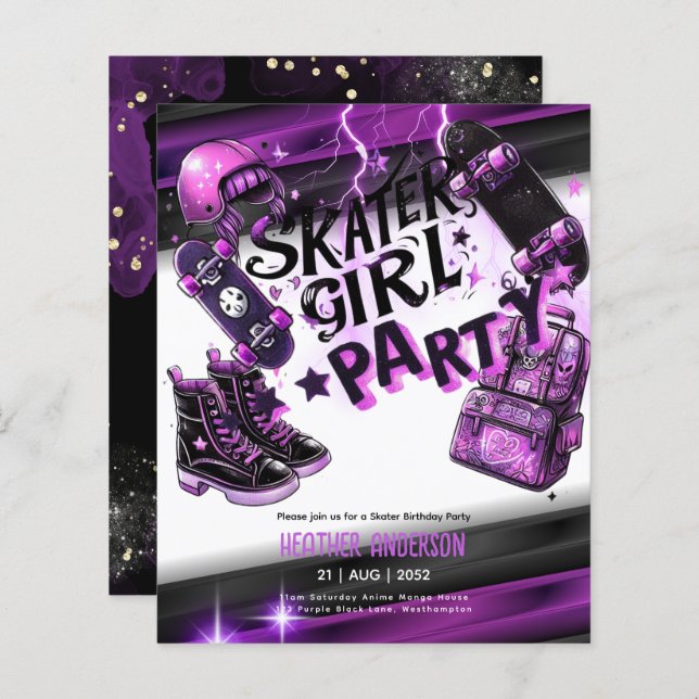 Anime Skater Girl Birthday Party Skateboarding (Vorne/Hinten)