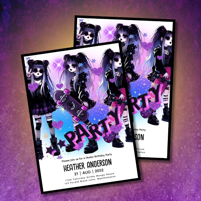 Anime Skater Girl Birthday Party Skateboarding Einladung (Von Creator hochgeladen)