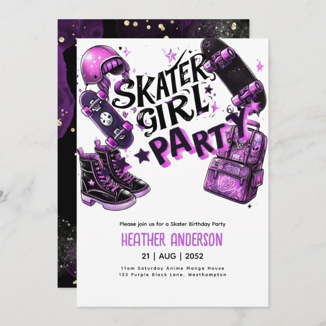 Anime Skater Girl Birthday Party Skateboarding Einladung (Vorne/Hinten)