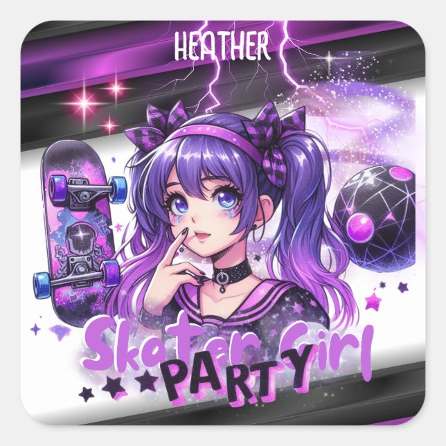 Anime Skater Girl Birthday Party Skateboarding Quadratischer Aufkleber (Vorderseite)