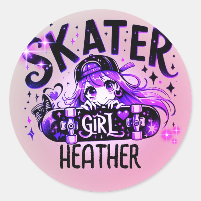 Anime Skater Girl Birthday Party Skateboarding Runder Aufkleber (Vorderseite)