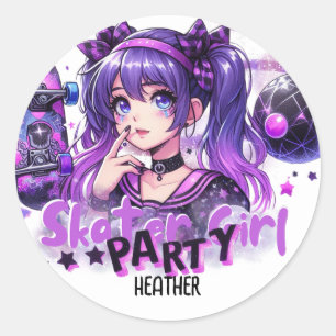 Anime Skater Girl Birthday Party Skateboarding Runder Aufkleber