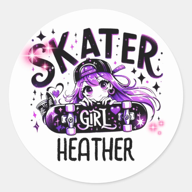 Anime Skater Girl Birthday Party Skateboarding Runder Aufkleber (Vorderseite)