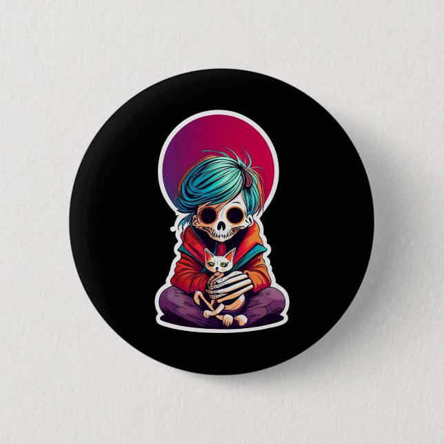 Anime Skeleton Holding a Cat Shirt Lazy Halloween Button (Vorderseite)