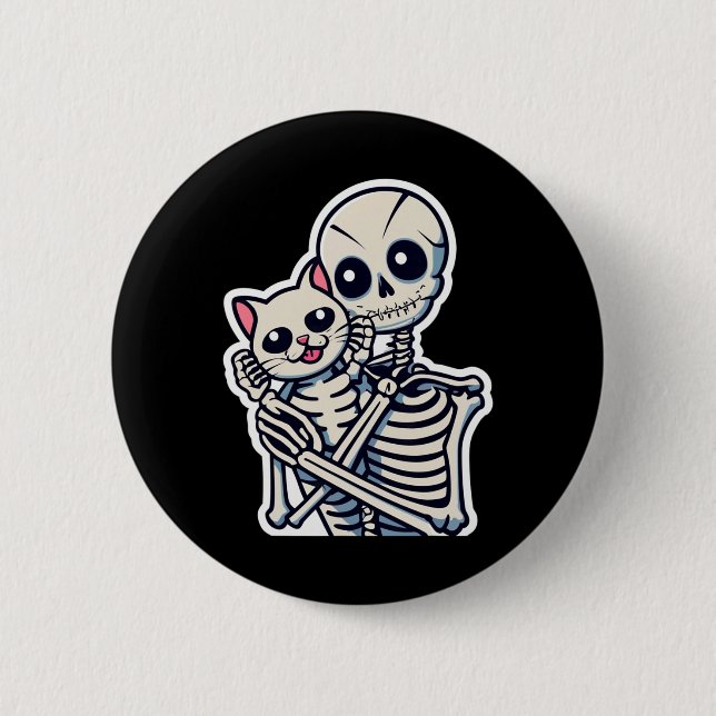Anime Skeleton Holding a Cat Shirt Lazy Halloween Button (Vorderseite)
