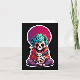 Anime Skeleton Holding a Cat Shirt Lazy Halloween Karte