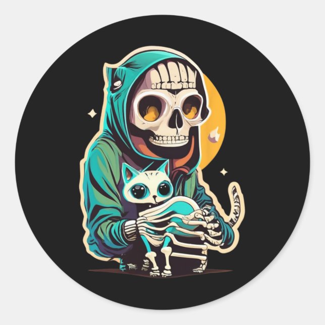 Anime Skeleton Holding a Cat Shirt Lazy Halloween Runder Aufkleber (Vorderseite)