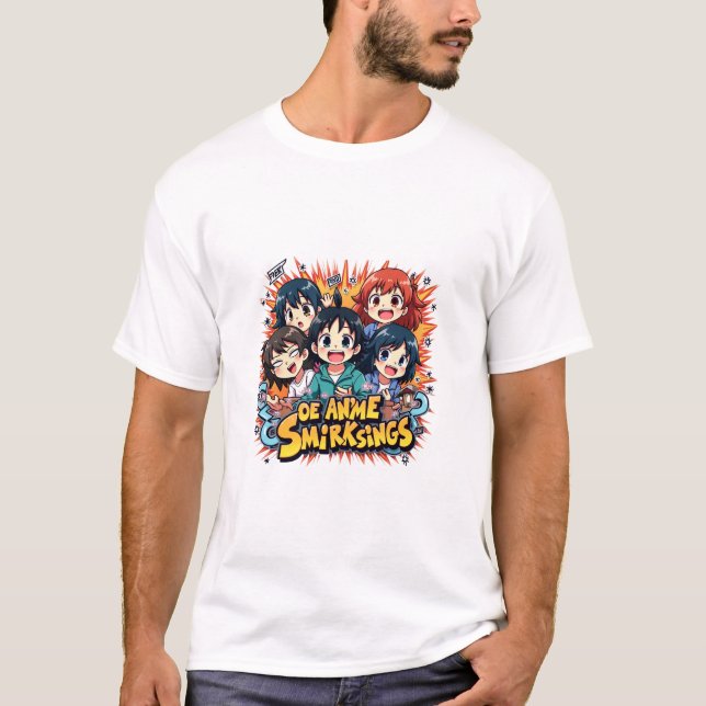 Anime Smirk Squad: Playful Chibi Character Group T-Shirt (Vorderseite)