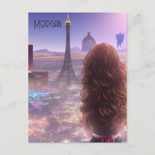 Anime-Stadt Mädchen Tagträumend über die Skyline Postkarte
