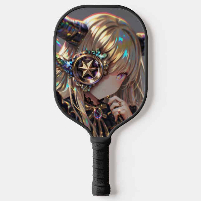 Anime Steampunk Horned Beauty mit Star Monocle Pickleball Schläger (Vorderseite)