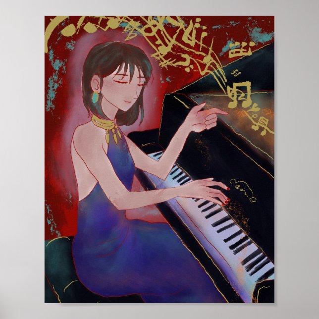 Anime-Style Mädchen spielt Klavier Poster  (Vorne)