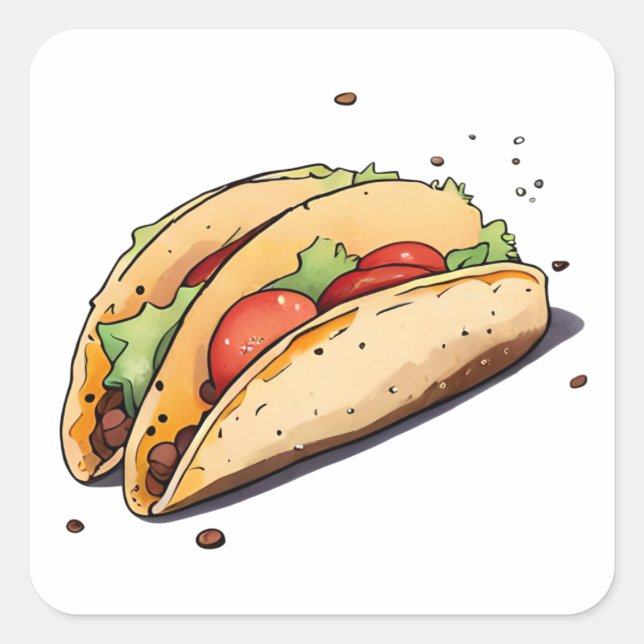 Anime Style Watercolor mexikanische Taco Clip Art Quadratischer Aufkleber (Vorderseite)