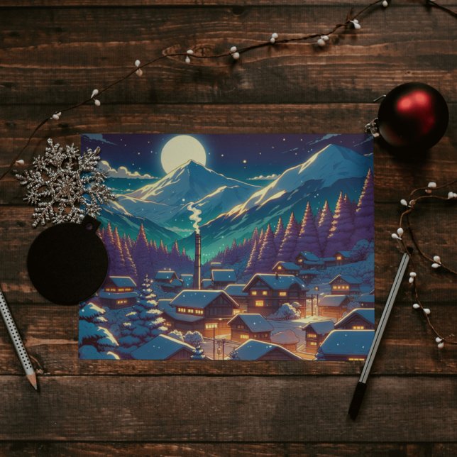 Anime Style Winter Village Snowy Night Scene Postkarte (Von Creator hochgeladen)