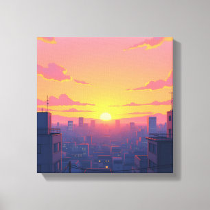Anime Sunset Cityscape Stretched Canvas Print Leinwanddruck