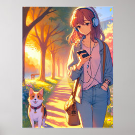 Anime Teenager hört Musik beim Hund Poster