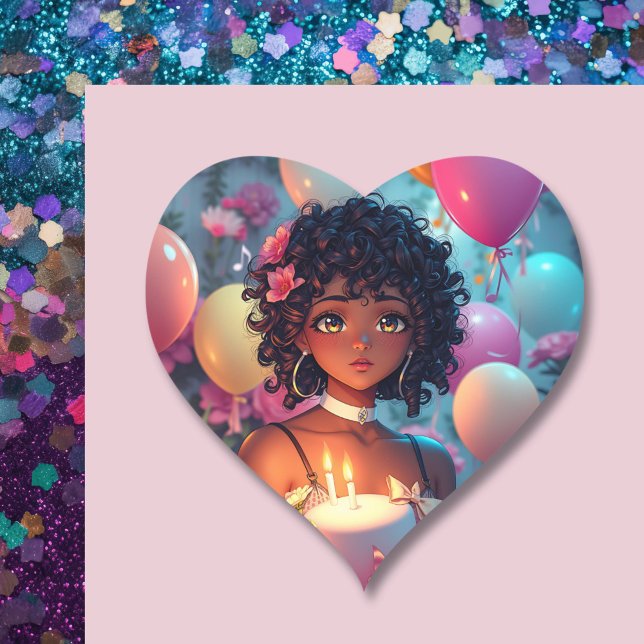Anime Themed Birthday Girl of Color Herz-Aufkleber (Von Creator hochgeladen)