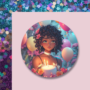 Anime Themed Birthday Girl of Color Runder Aufkleber