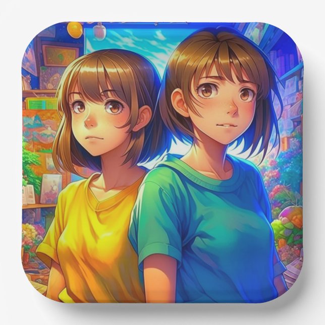 Anime Themed Twin Girls Geburtstagsparty Pappteller (Vorderseite)
