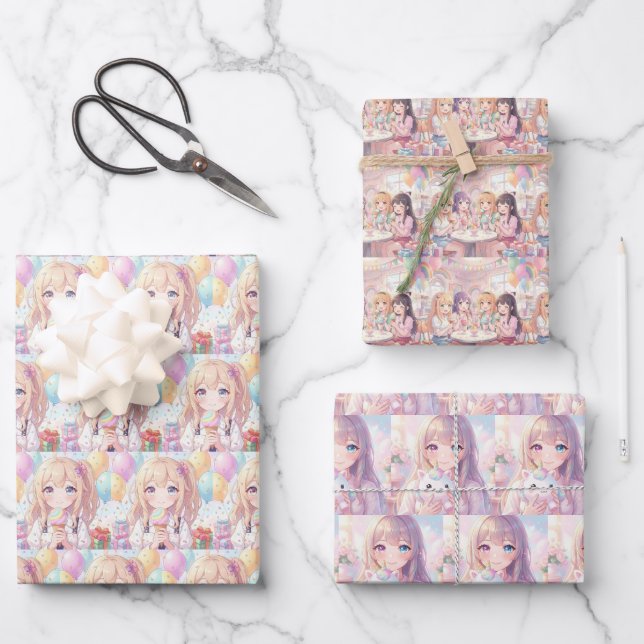 Anime-Themen-Mädchen-Geburtstag Geschenkpapier Set (Vorderseite)