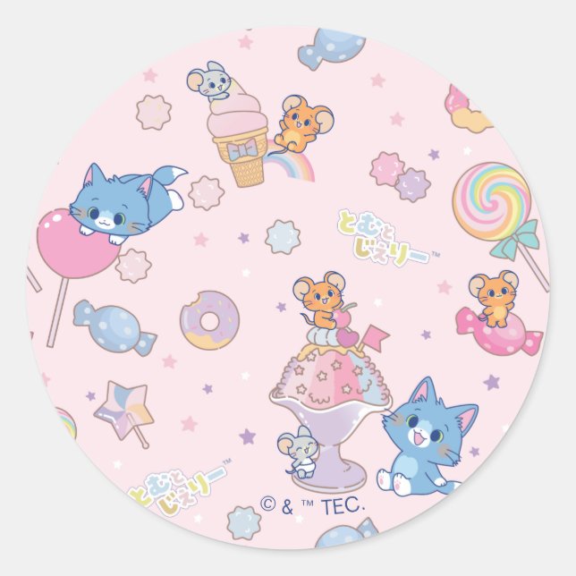 Anime Tom, Jerry und Tuffy Candyland Pattern Runder Aufkleber (Vorderseite)
