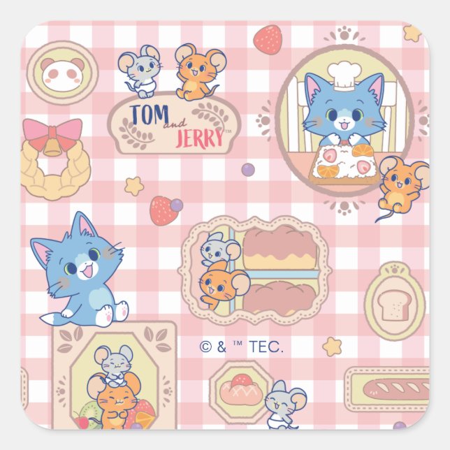Anime Tom und Jerry Bakery Pattern Quadratischer Aufkleber (Vorderseite)