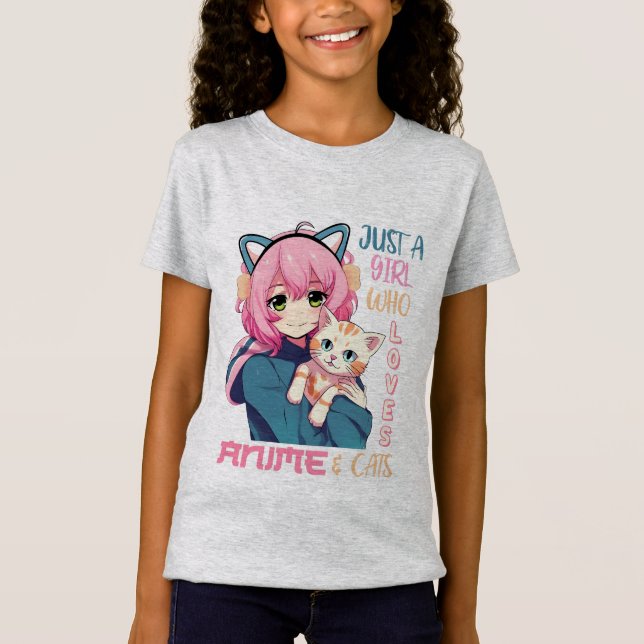 Anime- und Katzen-Girls-Grafik T-Shirt (Vorderseite)