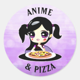 Anime und Pizza Schwarz und Lila Cartoon Runder Aufkleber