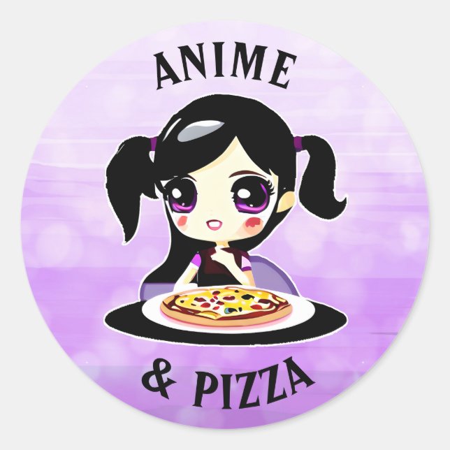 Anime und Pizza Schwarz und Lila Cartoon Runder Aufkleber (Vorderseite)