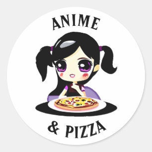 Anime und Pizza Schwarz und Lila Cartoon Runder Aufkleber