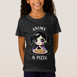 Anime und Pizza Schwarz und Lila Cartoon T-Shirt