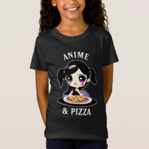 Anime und Pizza Schwarz und Lila Cartoon T-Shirt