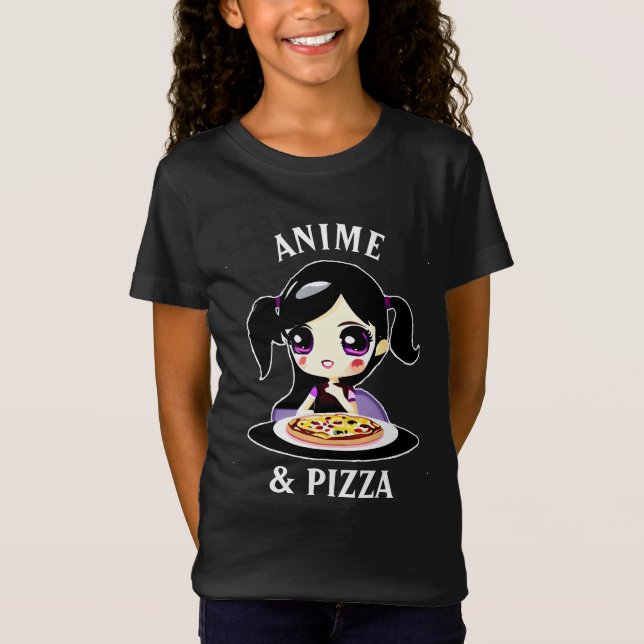 Anime und Pizza Schwarz und Lila Cartoon T-Shirt (Vorderseite)