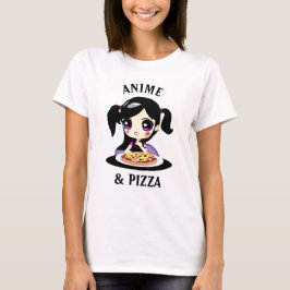Anime und Pizza Schwarz und Lila Cartoon T-Shirt