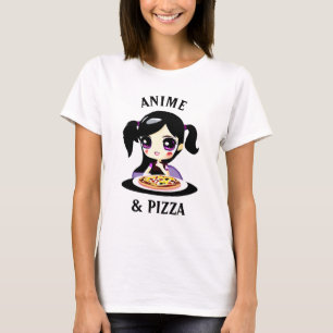 Anime und Pizza Schwarz und Lila Cartoon T-Shirt