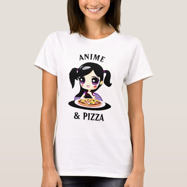 Anime und Pizza Schwarz und Lila Cartoon T-Shirt (Vorderseite)
