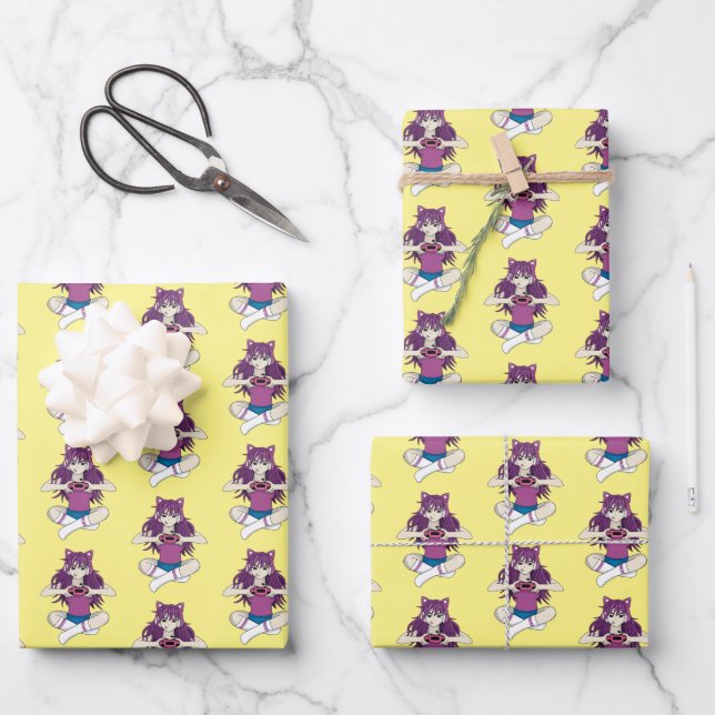 Anime Video Gamer Girl Wrapping Paper Sheet Geschenkpapier Set (Vorderseite)