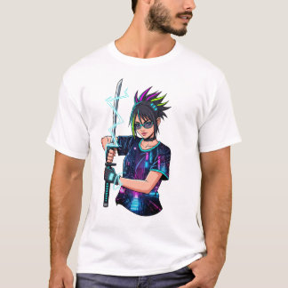 Anime Warrior Girl - Cyberpunk Neon Katana T-Shirt