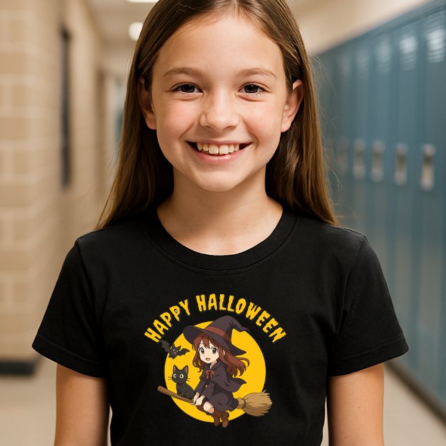 Anime Witch & Cat on Broom Girls Halloween T-Shirt (Von Creator hochgeladen)