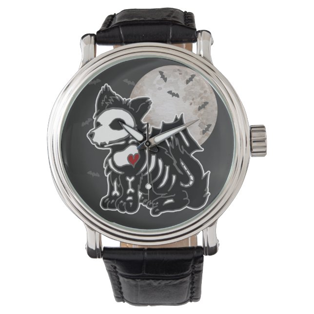 Anime Wolf Emo Goth Edgy Skeleton Halloween Dog Armbanduhr (Vorderseite)