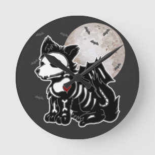 Anime Wolf Emo Goth Edgy Skeleton Halloween Dog Wa Runde Wanduhr