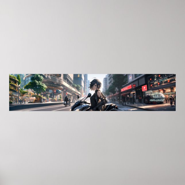 Anime woman Bikes Downtown - Ultra wide Poster (Vorne)