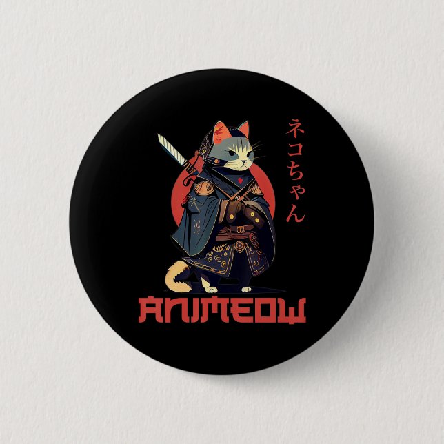 ANIMEOW Fun Niedlich Samurai Kawaii Cat Ninja Kost Button (Vorderseite)
