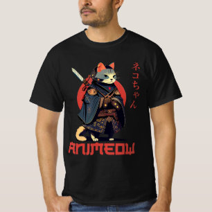 ANIMEOW Spaß Süßer Samurai Kawaii Katzen Ninja Kos T-Shirt