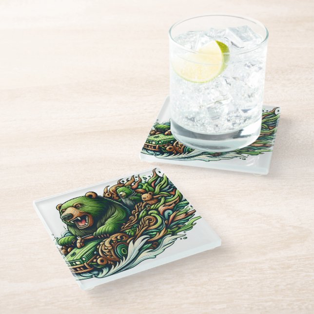 Animierte Bären fahren mit einem grünen Auto Glasuntersetzer (Schrägansicht)