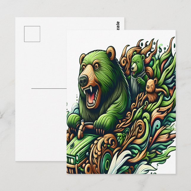 Animierte Bären fahren mit einem grünen Auto Postkarte (Vorne/Hinten)